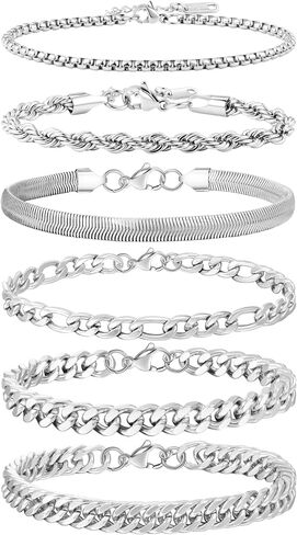 Men's Stainless Steel Silver Bracelets,6Pcs Adjustable Trendy Cuban Link Chain Bracelet Set Men Jewelry Gifts(Silver/Gold/Black,7+1.2 inch) in Saudi Arabia