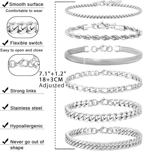 Men's Stainless Steel Silver Bracelets,6Pcs Adjustable Trendy Cuban Link Chain Bracelet Set Men Jewelry Gifts(Silver/Gold/Black,7+1.2 inch) in Saudi Arabia