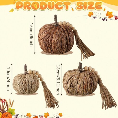 Wesiti 3 PCS Rattan Pumpkin مع شرابة الخرز Boho الخريف المحايدة ديكور الشكر المصنوعة يدويًا على طاولة اليقطين المنسوجة الاصطناعية مركزية مزرعة الخريف لزخارف الخريف لصالح الحصاد الداخلي هالوين in Saudi Arabia
