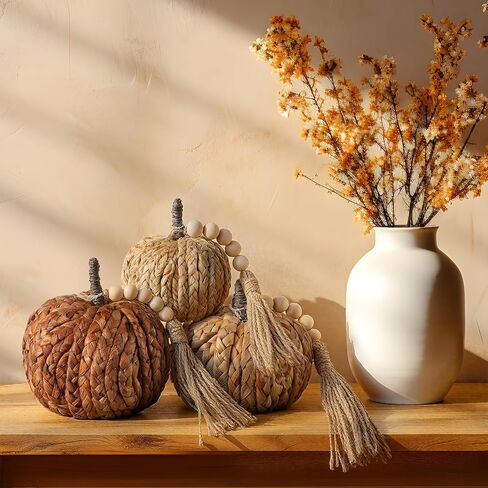 Wesiti 3 PCS Rattan Pumpkin مع شرابة الخرز Boho الخريف المحايدة ديكور الشكر المصنوعة يدويًا على طاولة اليقطين المنسوجة الاصطناعية مركزية مزرعة الخريف لزخارف الخريف لصالح الحصاد الداخلي هالوين in Saudi Arabia