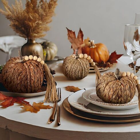 Wesiti 3 PCS Rattan Pumpkin مع شرابة الخرز Boho الخريف المحايدة ديكور الشكر المصنوعة يدويًا على طاولة اليقطين المنسوجة الاصطناعية مركزية مزرعة الخريف لزخارف الخريف لصالح الحصاد الداخلي هالوين in Saudi Arabia