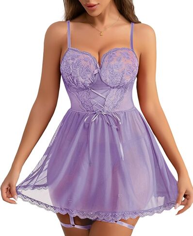 Women’s Lingerie Sexy Babydoll Set Sheer Lace Chemise Nightgown with Garter Belt Bridal Boudoir Nighty Sleepwear in Kuwait