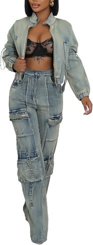 نساء من قطعتين من الدنيم مجموعة طويلة الأكمام سستة أعلى وجينز الساق عريض y2k البضائع. in Kuwait