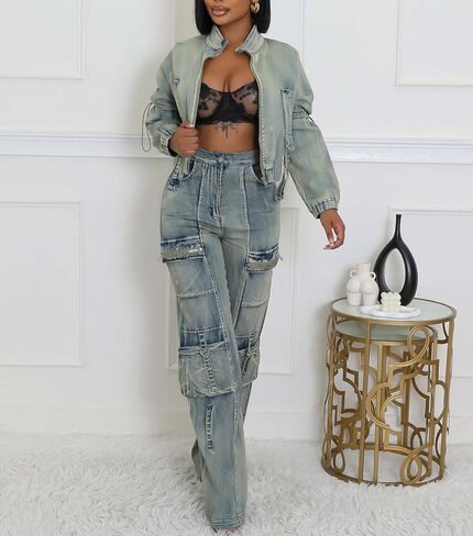 نساء من قطعتين من الدنيم مجموعة طويلة الأكمام سستة أعلى وجينز الساق عريض y2k البضائع. in Kuwait