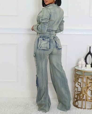 نساء من قطعتين من الدنيم مجموعة طويلة الأكمام سستة أعلى وجينز الساق عريض y2k البضائع. in Kuwait