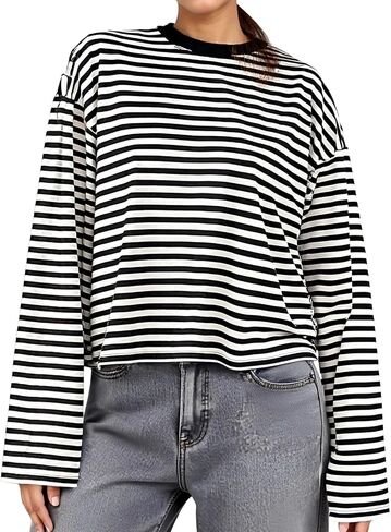 KOSUSANILL Women Oversized Striped Long Sleeve Shirt Crewneck Cropped Tops Drop Shoulder Y2K Preppy Sweatshirt Fall Clothes in Kuwait