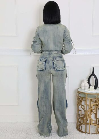 نساء من قطعتين من الدنيم مجموعة طويلة الأكمام سستة أعلى وجينز الساق عريض y2k البضائع. in Kuwait