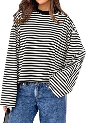 KOSUSANILL Women Oversized Striped Long Sleeve Shirt Crewneck Cropped Tops Drop Shoulder Y2K Preppy Sweatshirt Fall Clothes in Kuwait