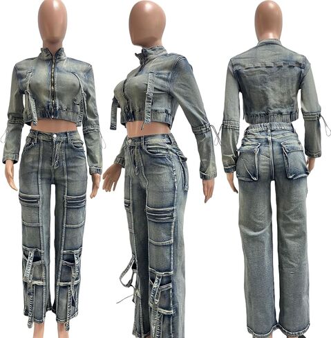 نساء من قطعتين من الدنيم مجموعة طويلة الأكمام سستة أعلى وجينز الساق عريض y2k البضائع. in Kuwait