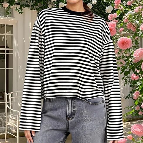 KOSUSANILL Women Oversized Striped Long Sleeve Shirt Crewneck Cropped Tops Drop Shoulder Y2K Preppy Sweatshirt Fall Clothes in Kuwait