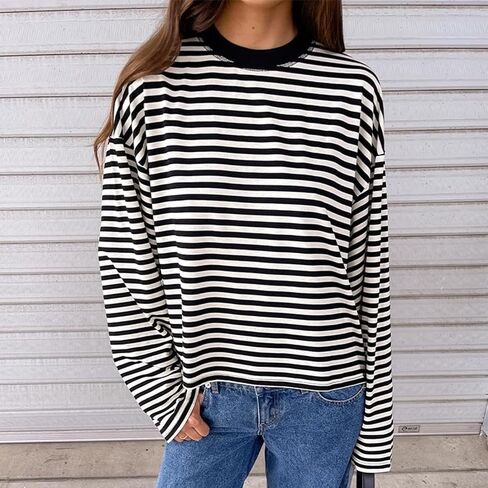 KOSUSANILL Women Oversized Striped Long Sleeve Shirt Crewneck Cropped Tops Drop Shoulder Y2K Preppy Sweatshirt Fall Clothes in Kuwait