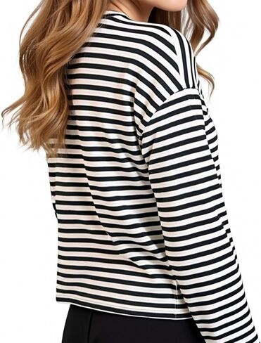 KOSUSANILL Women Oversized Striped Long Sleeve Shirt Crewneck Cropped Tops Drop Shoulder Y2K Preppy Sweatshirt Fall Clothes in Kuwait