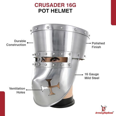 Armory Replicas™ 12th Century Crusader Pot Helmet – Battle Ready Steel Templar Helmet with Liner & Chin Strap for Reenactment, SCA, and Medieval Cosplay in Saudi Arabia