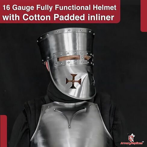 Armory Replicas™ 12th Century Crusader Pot Helmet – Battle Ready Steel Templar Helmet with Liner & Chin Strap for Reenactment, SCA, and Medieval Cosplay in Saudi Arabia