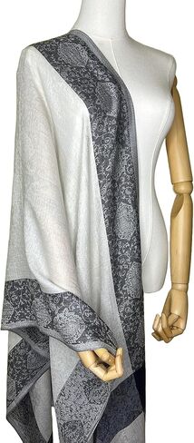 NPIA Certified 100% Pure Cashmere Pashmina Shawl for Women | Snow White with Slate Blue Paisley Border | Wedding Wrap in Kuwait