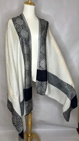 NPIA Certified 100% Pure Cashmere Pashmina Shawl for Women | Snow White with Slate Blue Paisley Border | Wedding Wrap in Kuwait