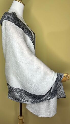 NPIA Certified 100% Pure Cashmere Pashmina Shawl for Women | Snow White with Slate Blue Paisley Border | Wedding Wrap in Kuwait