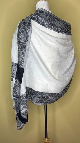 NPIA Certified 100% Pure Cashmere Pashmina Shawl for Women | Snow White with Slate Blue Paisley Border | Wedding Wrap in Kuwait