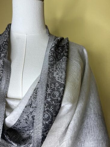 NPIA Certified 100% Pure Cashmere Pashmina Shawl for Women | Snow White with Slate Blue Paisley Border | Wedding Wrap in Kuwait