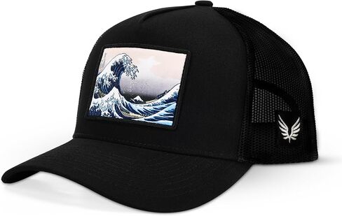 LIGHT SYNDICATE Trucker Hat – Great Wave Japanese Art Patch, Premium Mesh Snapback Baseball Cap (Black) in Saudi Arabia