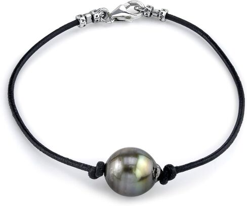 The Pearl Source Sterling Silver Baroque Black Tahitian South Sea Cultured Pearl Leather Bracelet for Women in Saudi Arabia