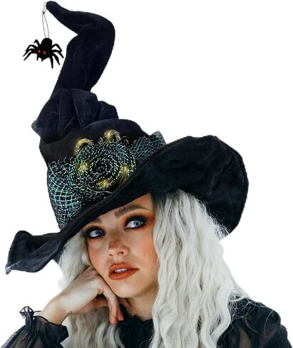 Halloween Black Witch Hat with Spider, Light up Velvet Witch Hat Cosplay Costume Accessories for Women Halloween Party in Saudi Arabia