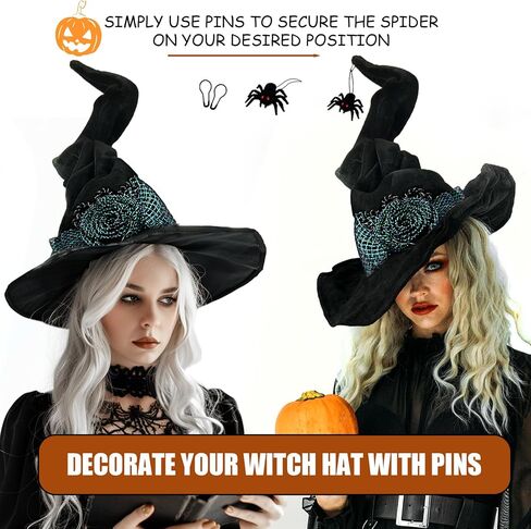 Halloween Black Witch Hat with Spider, Light up Velvet Witch Hat Cosplay Costume Accessories for Women Halloween Party in Saudi Arabia