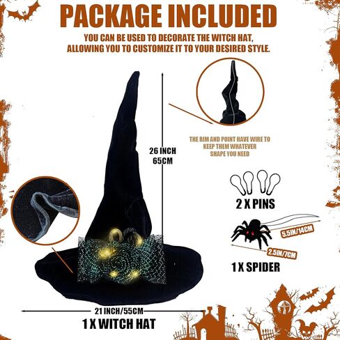 Halloween Black Witch Hat with Spider, Light up Velvet Witch Hat Cosplay Costume Accessories for Women Halloween Party in Saudi Arabia
