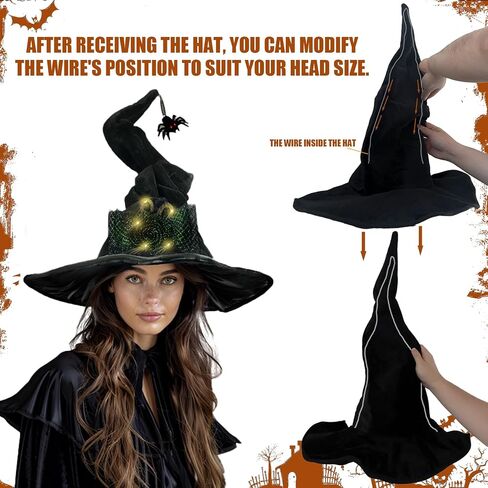 Halloween Black Witch Hat with Spider, Light up Velvet Witch Hat Cosplay Costume Accessories for Women Halloween Party in Saudi Arabia