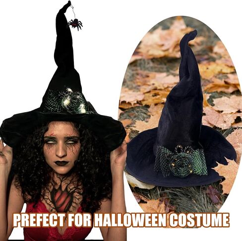Halloween Black Witch Hat with Spider, Light up Velvet Witch Hat Cosplay Costume Accessories for Women Halloween Party in Saudi Arabia