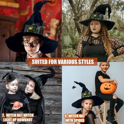 Halloween Black Witch Hat with Spider, Light up Velvet Witch Hat Cosplay Costume Accessories for Women Halloween Party in Saudi Arabia