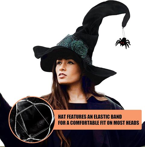 Halloween Black Witch Hat with Spider, Light up Velvet Witch Hat Cosplay Costume Accessories for Women Halloween Party in Saudi Arabia