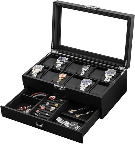 Watch Box for Men,3-Slot Watch Case with Glass Lid,Watch Storage Case with Removable Watch Pillow, Watch Holder Organizer for Gift(Black, 3Slot) in Saudi Arabia