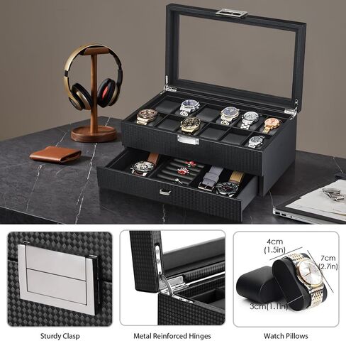 Watch Box for Men,3-Slot Watch Case with Glass Lid,Watch Storage Case with Removable Watch Pillow, Watch Holder Organizer for Gift(Black, 3Slot) in Saudi Arabia