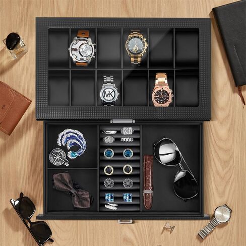 Watch Box for Men,3-Slot Watch Case with Glass Lid,Watch Storage Case with Removable Watch Pillow, Watch Holder Organizer for Gift(Black, 3Slot) in Saudi Arabia