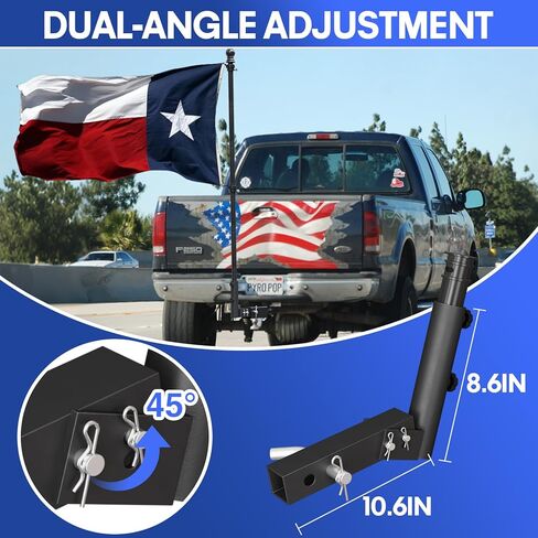 Truck Flag Pole Holder Hitch Mount – Heavy Duty 1-Hole Adjustable, Universal Kit for Standard 2" Receivers with Angle Adjustment, Black Metal Mount for Truck, SUV, Jeep, RV, Camper, Pickup in Kuwait