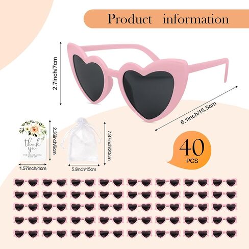 40 مجموعة من النظارات الشمسية البيضاء على شكل قلب - هدايا شمسية لحفلات الزفاف للضيوف. مثالية لهدايا الزفاف والهدايا التذكارية (الأوكالبتوس) in Kuwait
