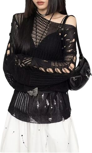 URAWESO Goth Y2K Striped Sweater Ripped Punk Gothic Sweaters for Women Harajuku Aesthetic Halloween Pullover Tops in Kuwait