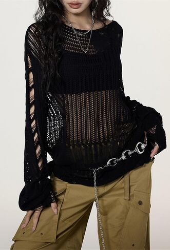 URAWESO Goth Y2K Striped Sweater Ripped Punk Gothic Sweaters for Women Harajuku Aesthetic Halloween Pullover Tops in Kuwait