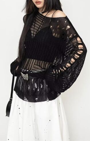 URAWESO Goth Y2K Striped Sweater Ripped Punk Gothic Sweaters for Women Harajuku Aesthetic Halloween Pullover Tops in Kuwait