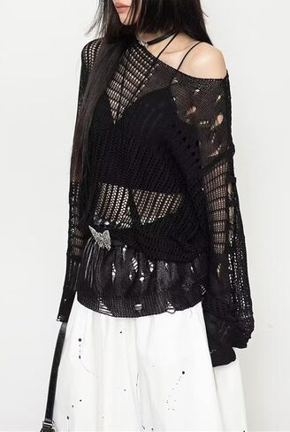 URAWESO Goth Y2K Striped Sweater Ripped Punk Gothic Sweaters for Women Harajuku Aesthetic Halloween Pullover Tops in Kuwait