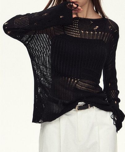 URAWESO Goth Y2K Striped Sweater Ripped Punk Gothic Sweaters for Women Harajuku Aesthetic Halloween Pullover Tops in Kuwait