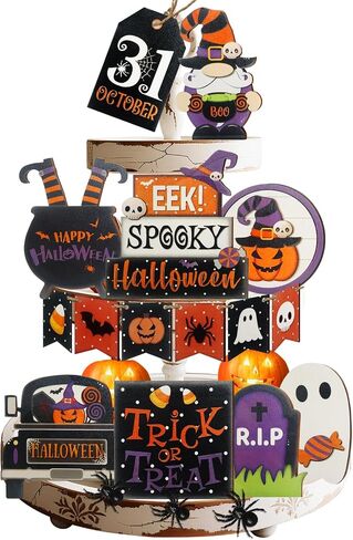 15 Pcs Halloween Tiered Tray Decor Set, Cute Pumpkin Ghost, Halloween Wooden Layered Tray Decorations, in a Rustic Style, Great Items for Party Tables in Saudi Arabia