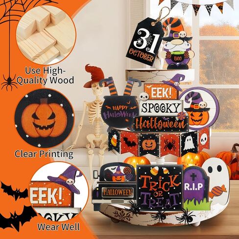 15 Pcs Halloween Tiered Tray Decor Set, Cute Pumpkin Ghost, Halloween Wooden Layered Tray Decorations, in a Rustic Style, Great Items for Party Tables in Saudi Arabia