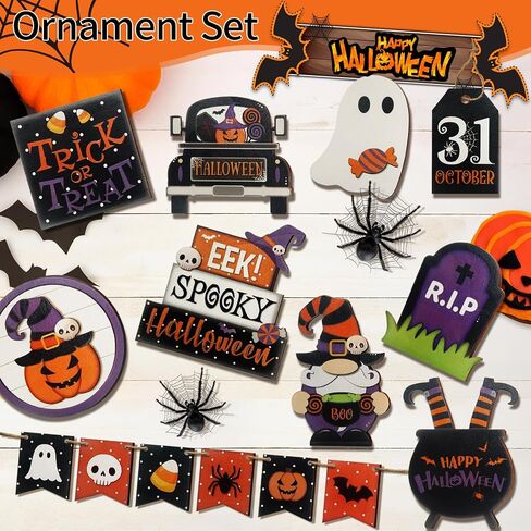 15 Pcs Halloween Tiered Tray Decor Set, Cute Pumpkin Ghost, Halloween Wooden Layered Tray Decorations, in a Rustic Style, Great Items for Party Tables in Saudi Arabia