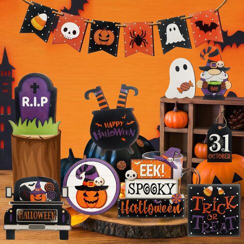 15 Pcs Halloween Tiered Tray Decor Set, Cute Pumpkin Ghost, Halloween Wooden Layered Tray Decorations, in a Rustic Style, Great Items for Party Tables in Saudi Arabia
