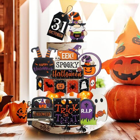 15 Pcs Halloween Tiered Tray Decor Set, Cute Pumpkin Ghost, Halloween Wooden Layered Tray Decorations, in a Rustic Style, Great Items for Party Tables in Saudi Arabia