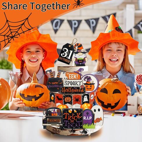 15 Pcs Halloween Tiered Tray Decor Set, Cute Pumpkin Ghost, Halloween Wooden Layered Tray Decorations, in a Rustic Style, Great Items for Party Tables in Saudi Arabia