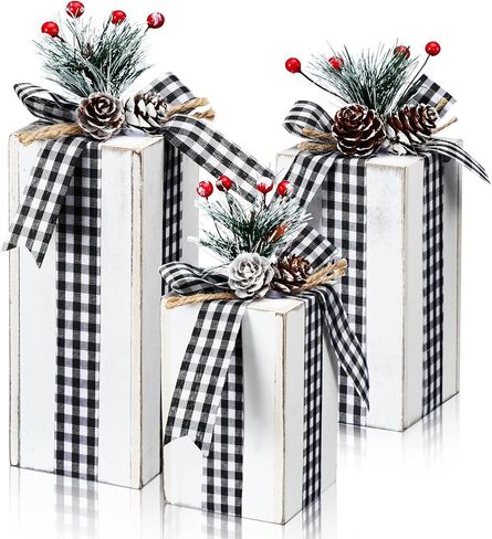 Amyhill 3 Pcs Christmas Wooden Gifts Box Decor Christmas Plaid Presents Table Centerpieces Rustic Wooden Gifts Tiered Tray Decor with Buffalo Plaid Bowknot for Xmas Party(White,Classic) in Saudi Arabia