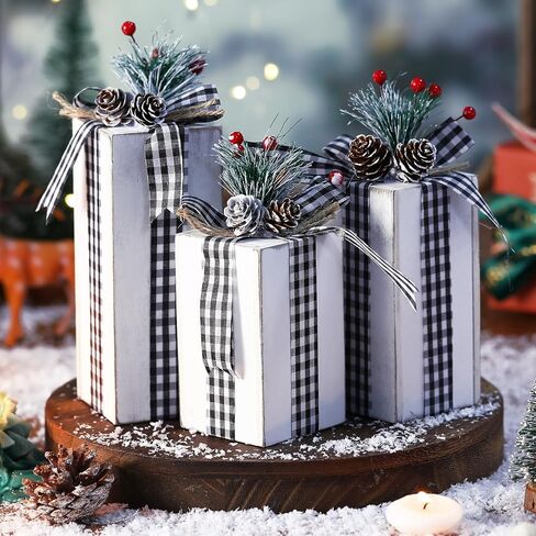 Amyhill 3 Pcs Christmas Wooden Gifts Box Decor Christmas Plaid Presents Table Centerpieces Rustic Wooden Gifts Tiered Tray Decor with Buffalo Plaid Bowknot for Xmas Party(White,Classic) in Saudi Arabia
